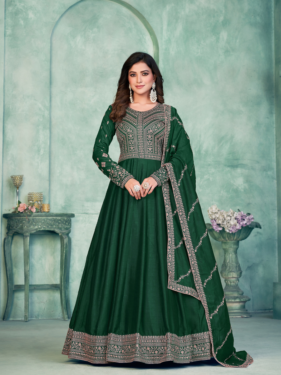 Green Art Silk Embroidered Festival Wedding Anarkali Salwar Kameez