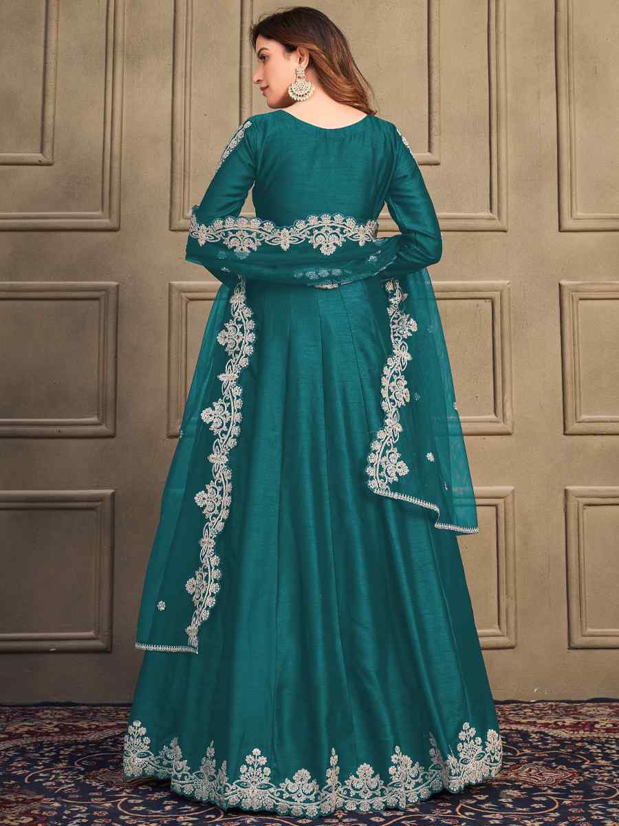 Green Art Silk Embroidered Festival Wedding Anarkali Salwar Kameez