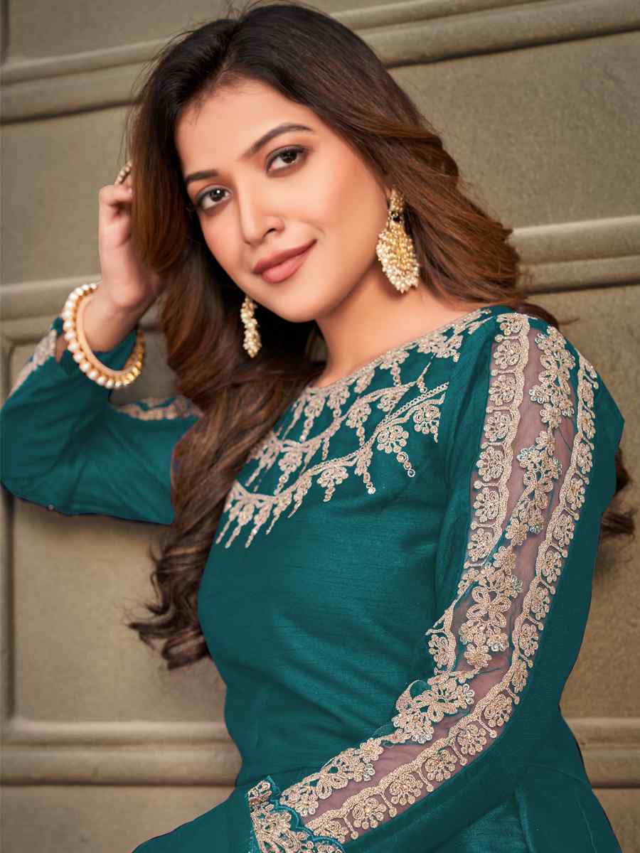Green Art Silk Embroidered Festival Wedding Anarkali Salwar Kameez