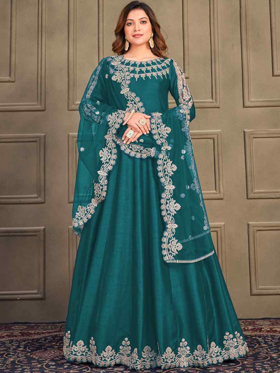 Green Art Silk Embroidered Festival Wedding Anarkali Salwar Kameez