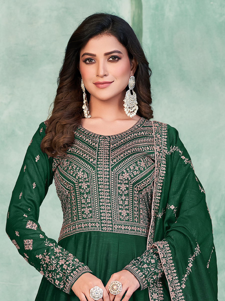 Green Art Silk Embroidered Festival Wedding Anarkali Salwar Kameez