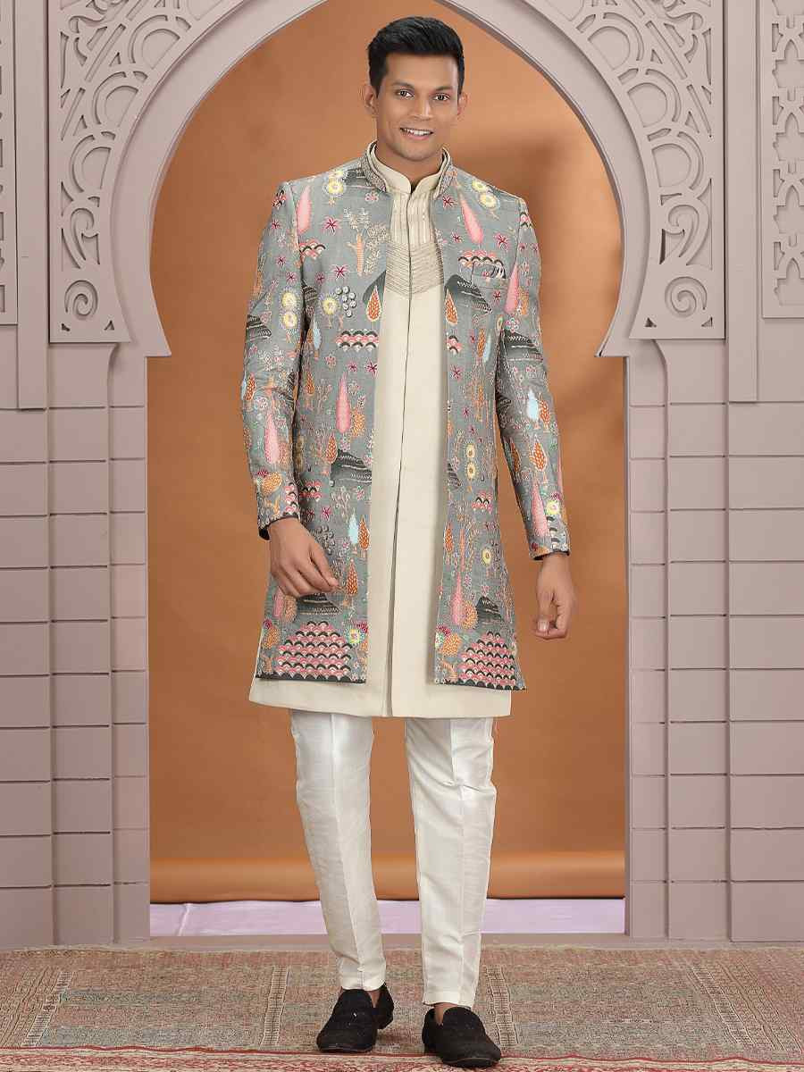 Green Art Silk Embroidered Festival Wedding Mens 3 PCS Indo Western Set