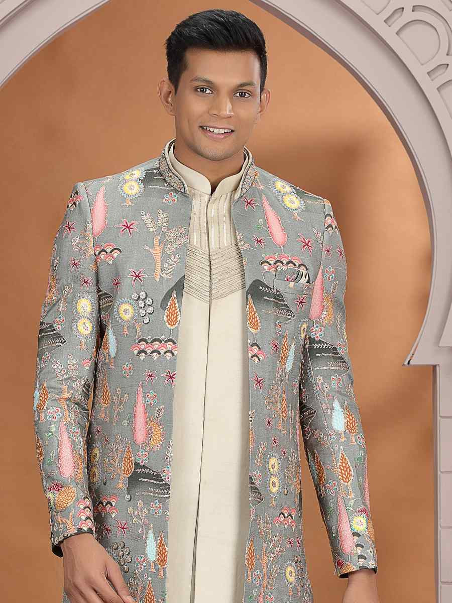 Green Art Silk Embroidered Festival Wedding Mens 3 PCS Indo Western Set