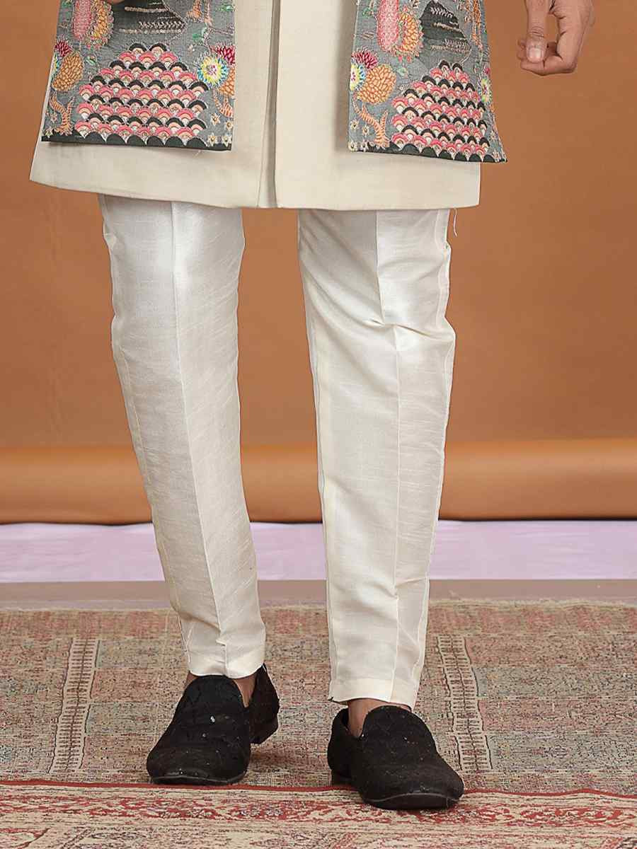 Green Art Silk Embroidered Festival Wedding Mens 3 PCS Indo Western Set