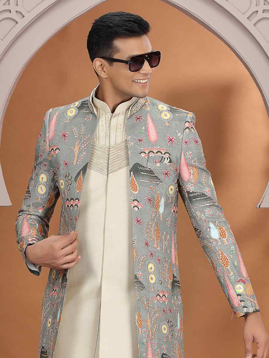 Green Art Silk Embroidered Festival Wedding Mens 3 PCS Indo Western Set