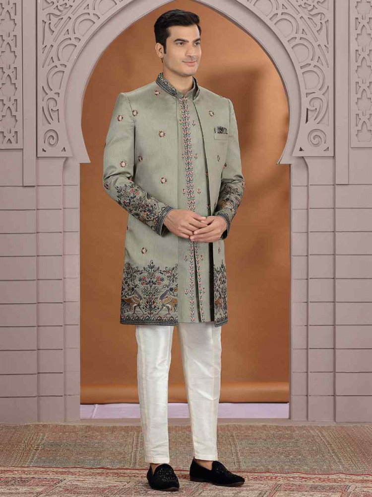 Image of Green Art Silk Embroidered Festival Wedding Mens 3 PCS Indo Western Set