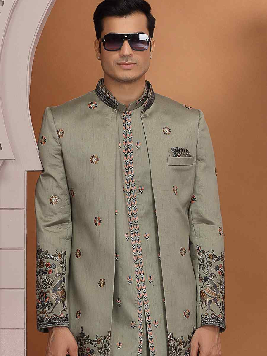 Green Art Silk Embroidered Festival Wedding Mens 3 PCS Indo Western Set