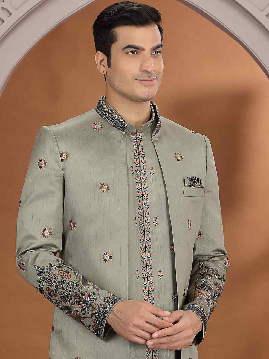 Green Art Silk Embroidered Festival Wedding Mens 3 PCS Indo Western Set
