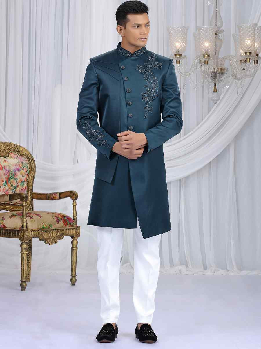 Green Art Silk Embroidered Festival Wedding Mens Sherwani
