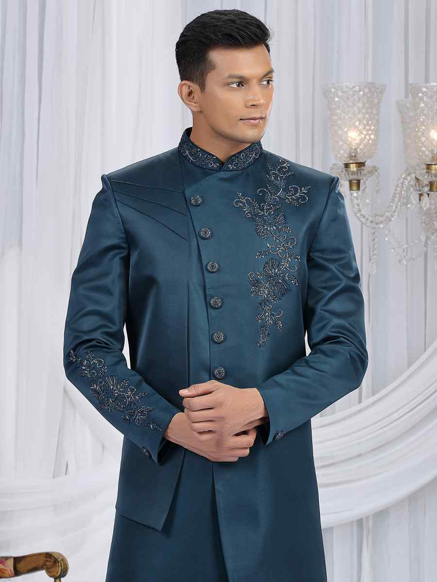 Green Art Silk Embroidered Festival Wedding Mens Sherwani