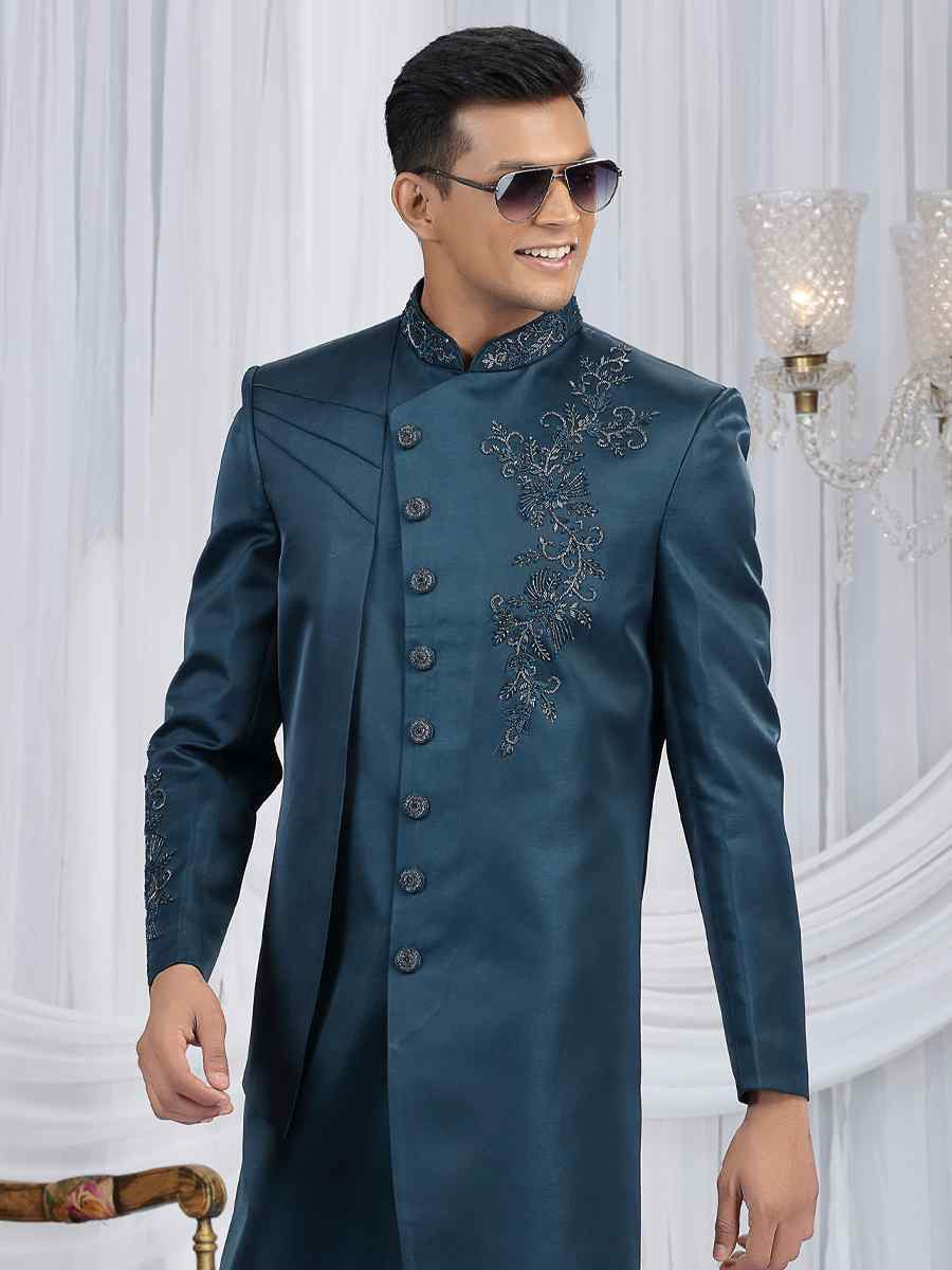 Green Art Silk Embroidered Festival Wedding Mens Sherwani