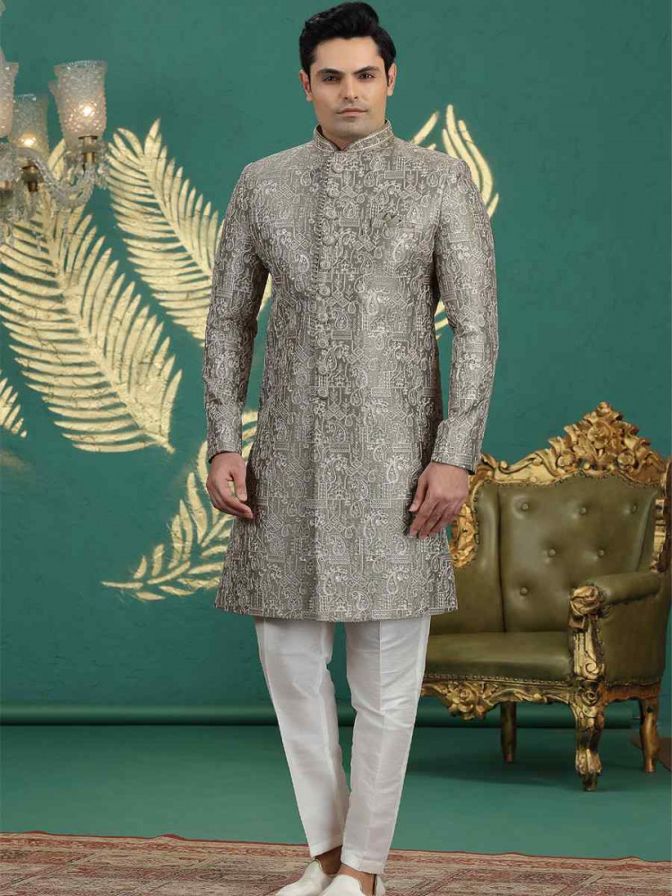 Image of Green Art Silk Embroidered Festival Wedding Mens Sherwani