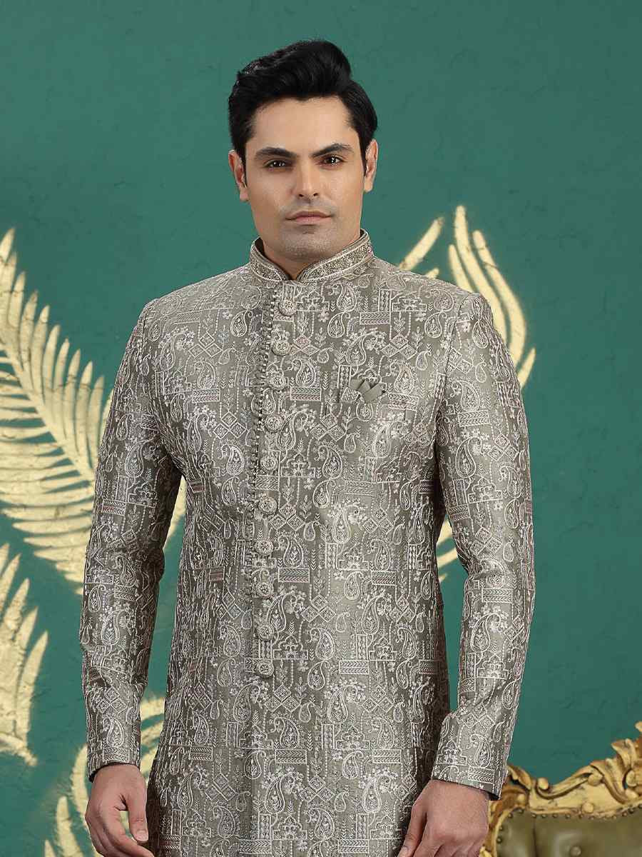 Green Art Silk Embroidered Festival Wedding Mens Sherwani
