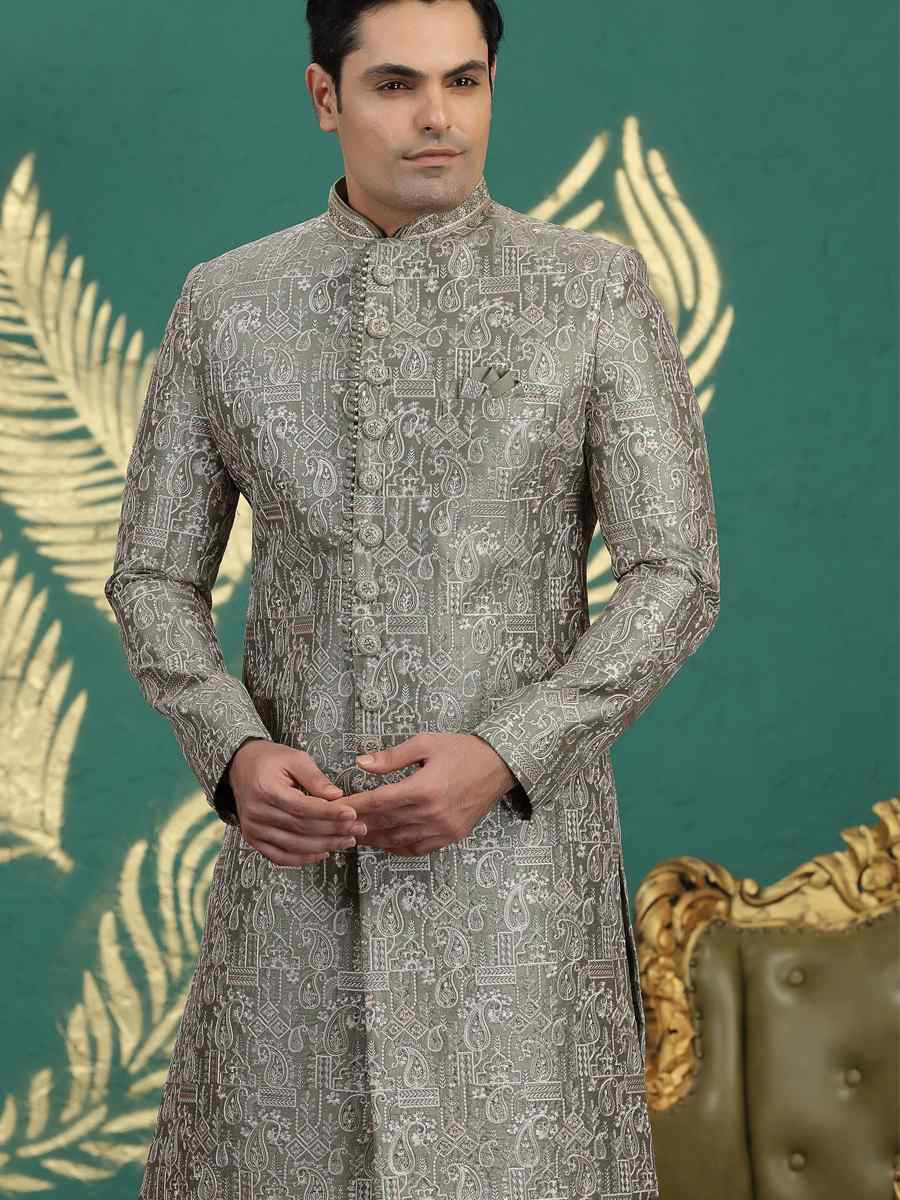 Green Art Silk Embroidered Festival Wedding Mens Sherwani