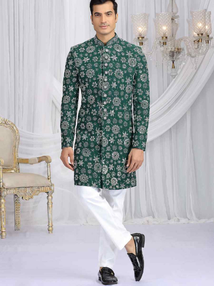 Image of Green Art Silk Embroidered Festival Wedding Mens Sherwani