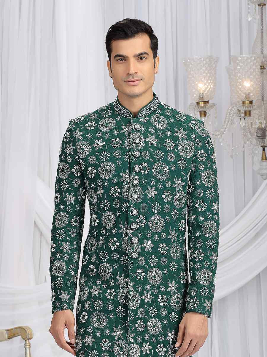 Green Art Silk Embroidered Festival Wedding Mens Sherwani
