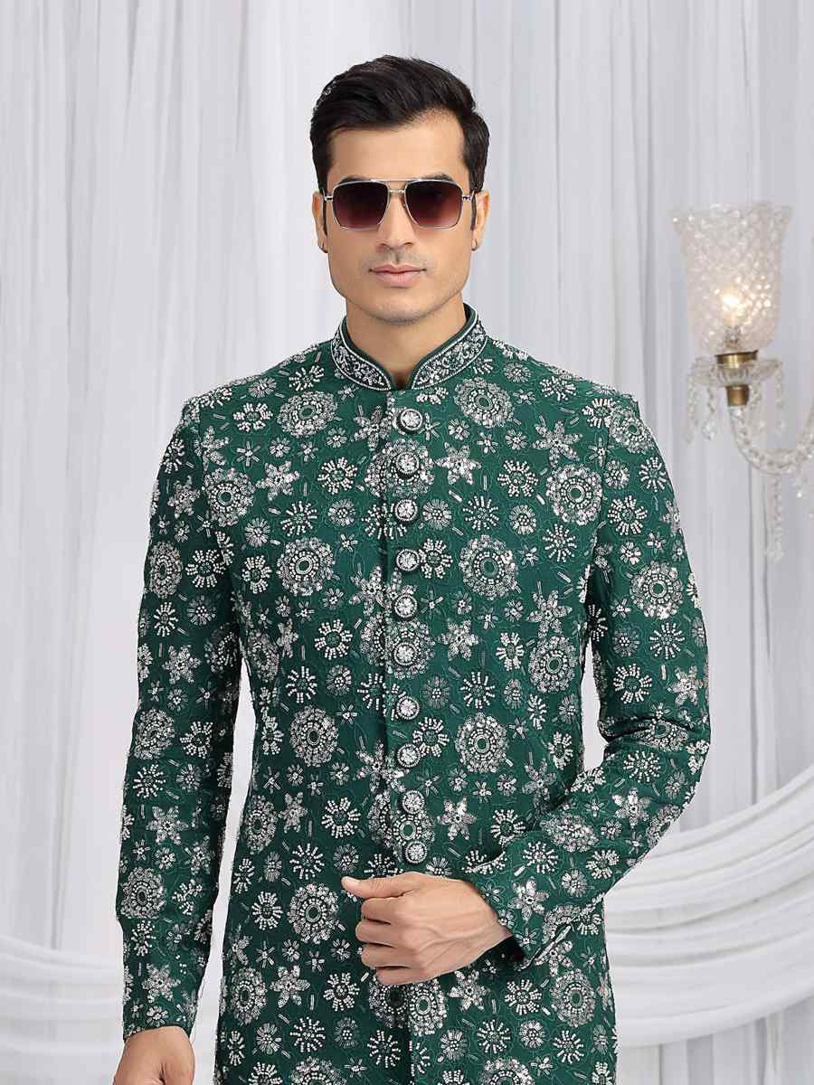Green Art Silk Embroidered Festival Wedding Mens Sherwani