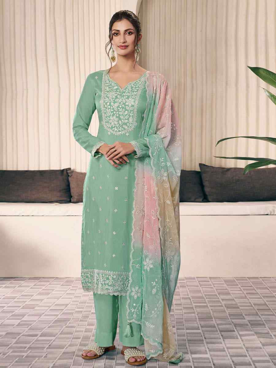 Green Art Silk Embroidered Festival Wedding Pant Salwar Kameez
