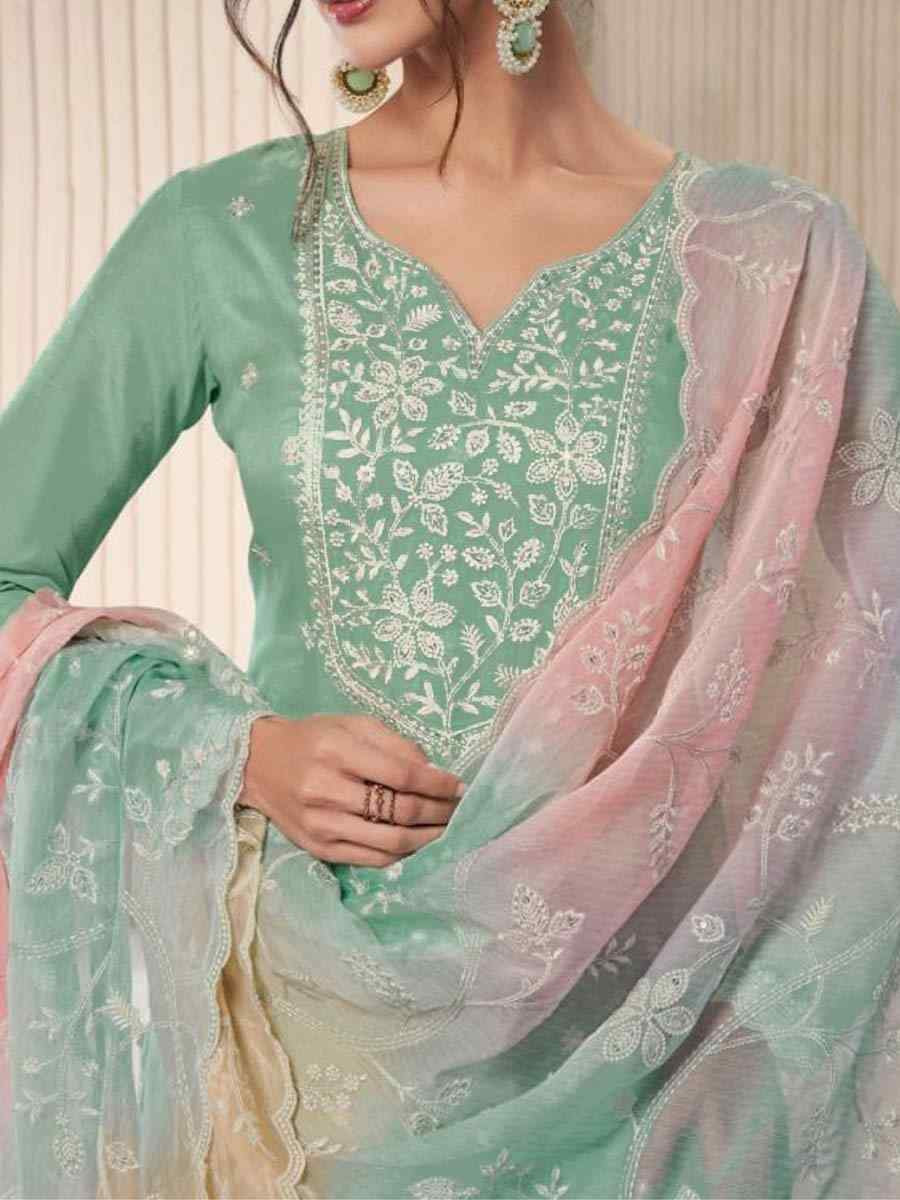Green Art Silk Embroidered Festival Wedding Pant Salwar Kameez