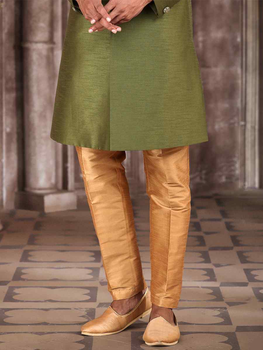 Green Art Silk Embroidered Wedding Groom Sherwani