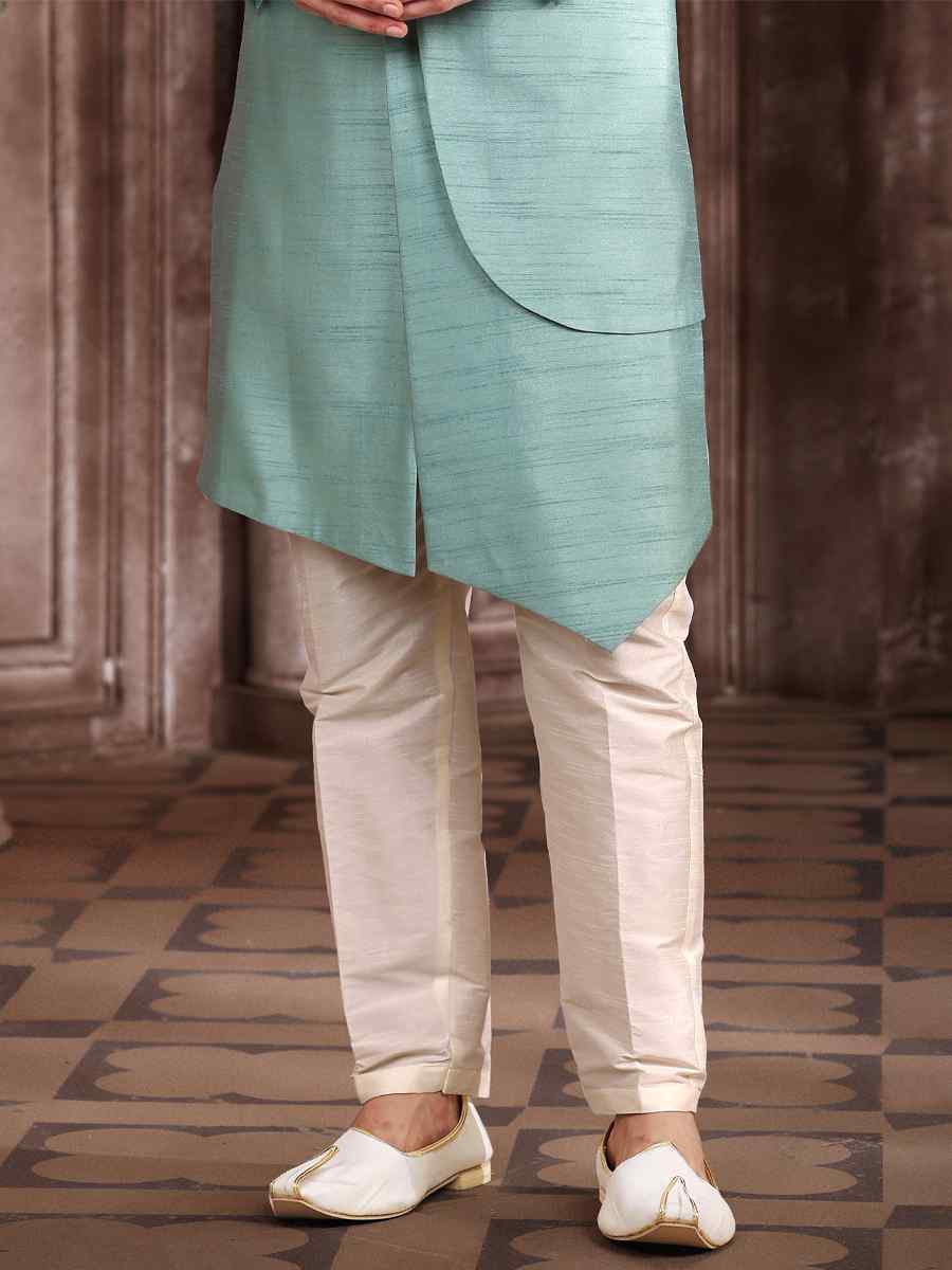 Green Art Silk Embroidered Wedding Groom Sherwani
