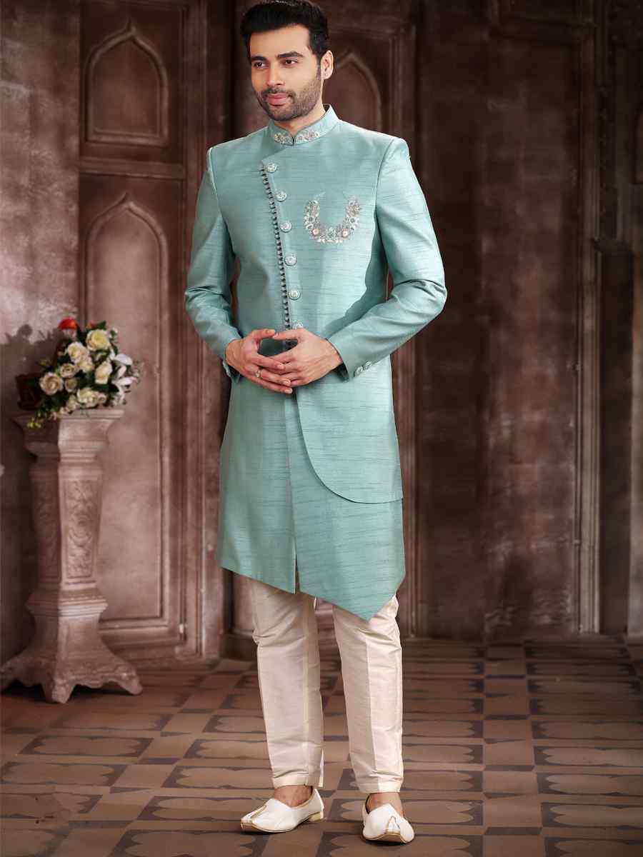 Green Art Silk Embroidered Wedding Groom Sherwani