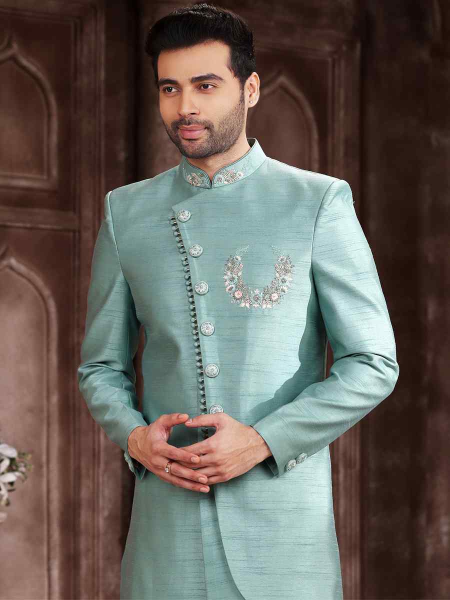 Green Art Silk Embroidered Wedding Groom Sherwani