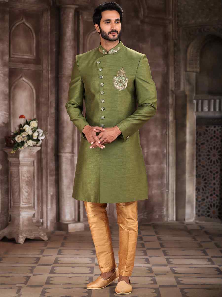 Green Art Silk Embroidered Wedding Groom Sherwani