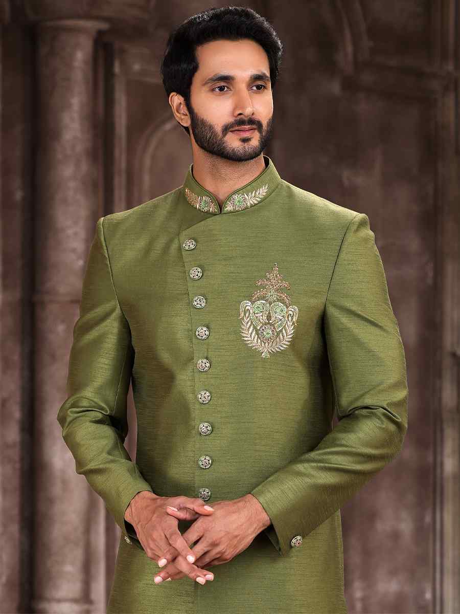 Green Art Silk Embroidered Wedding Groom Sherwani