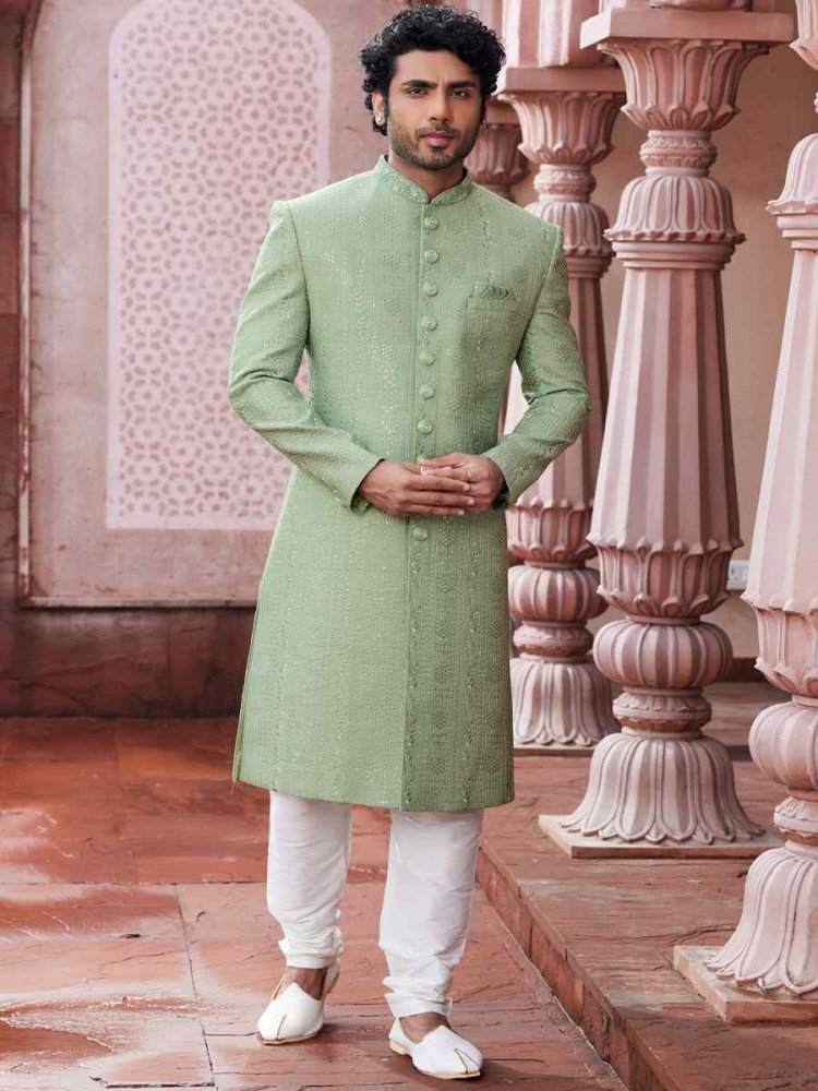 Green Art Silk Embroidered Wedding Party Sherwani