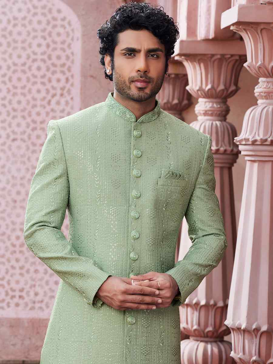 Green Art Silk Embroidered Wedding Party Sherwani