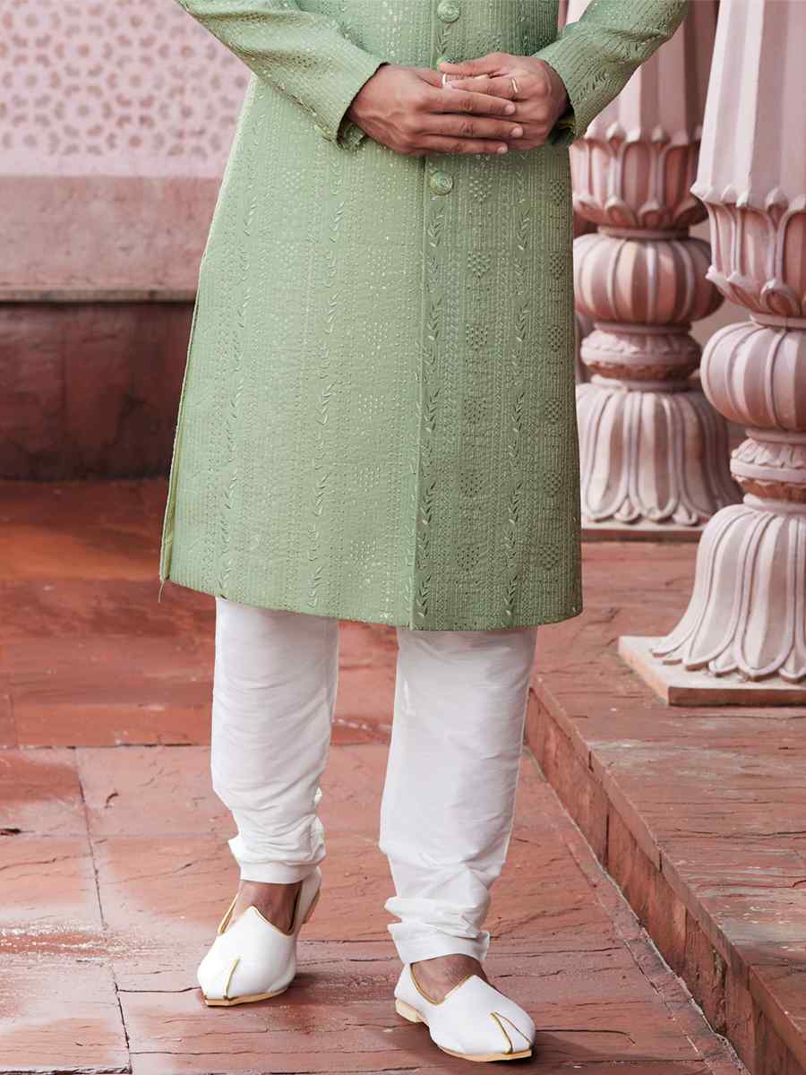 Green Art Silk Embroidered Wedding Party Sherwani