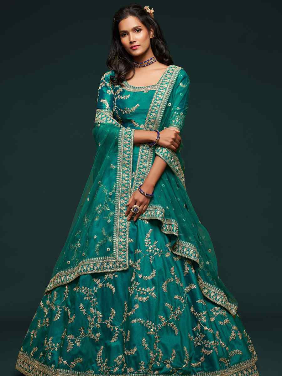 Green Art Silk Embroidered Wedding Reception Festival Heavy Border Lehenga Choli