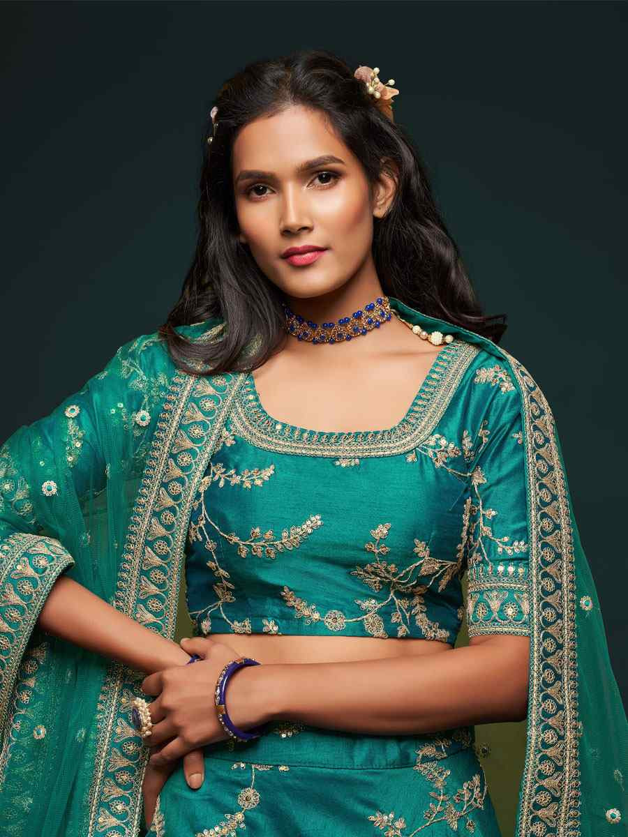 Green Art Silk Embroidered Wedding Reception Festival Heavy Border Lehenga Choli