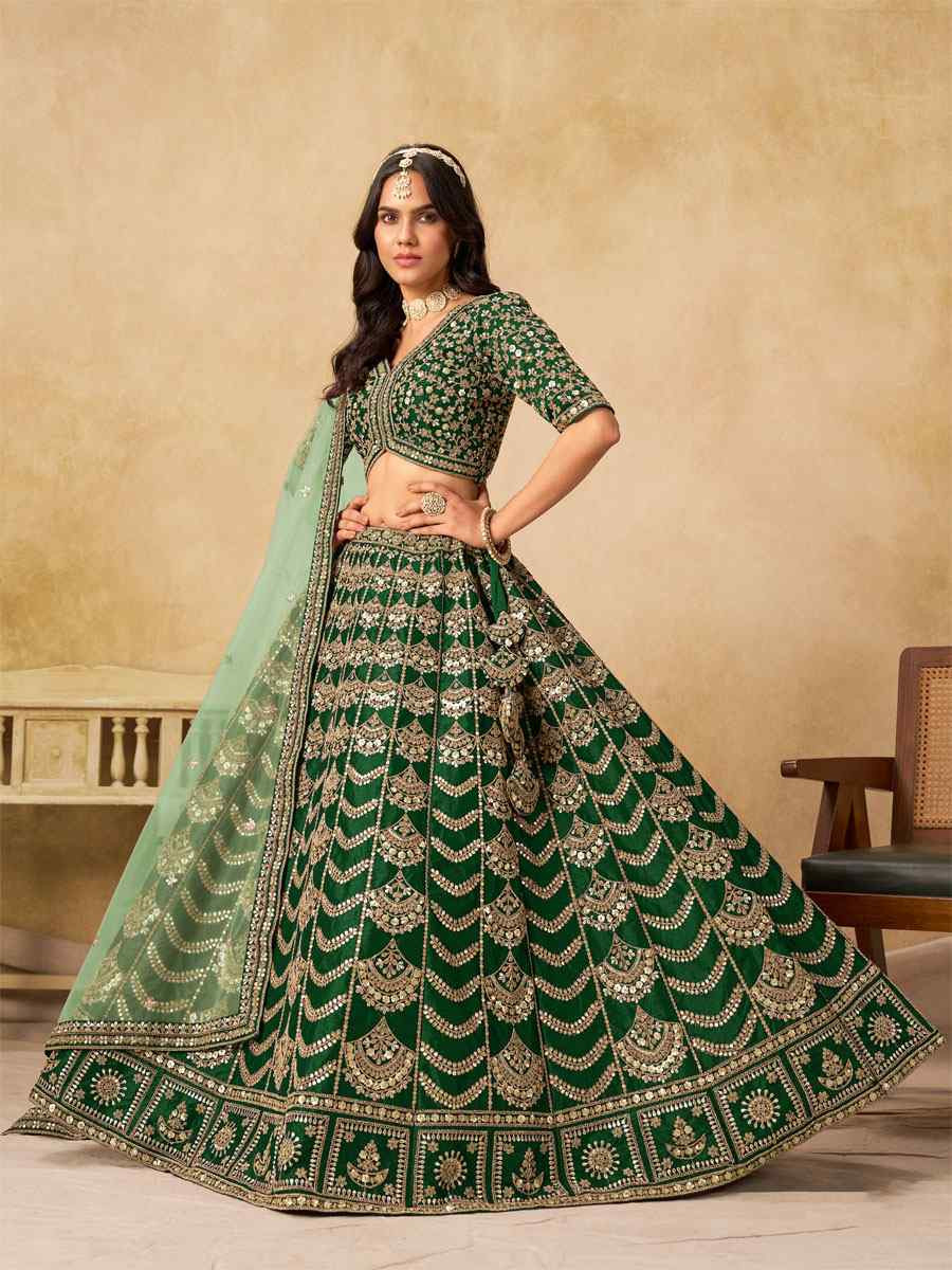 Green Art Silk Embroidered Wedding Reception Festival Heavy Border Lehenga Choli