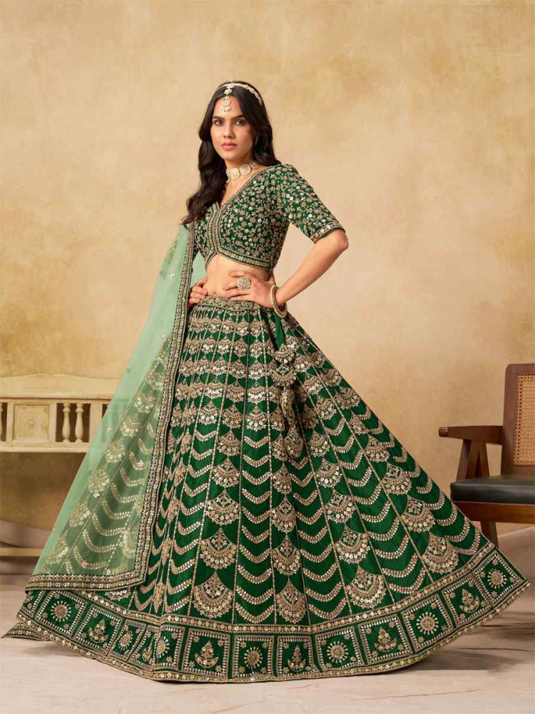 Image of Green Art Silk Embroidered Wedding Reception Festival Heavy Border Lehenga Choli