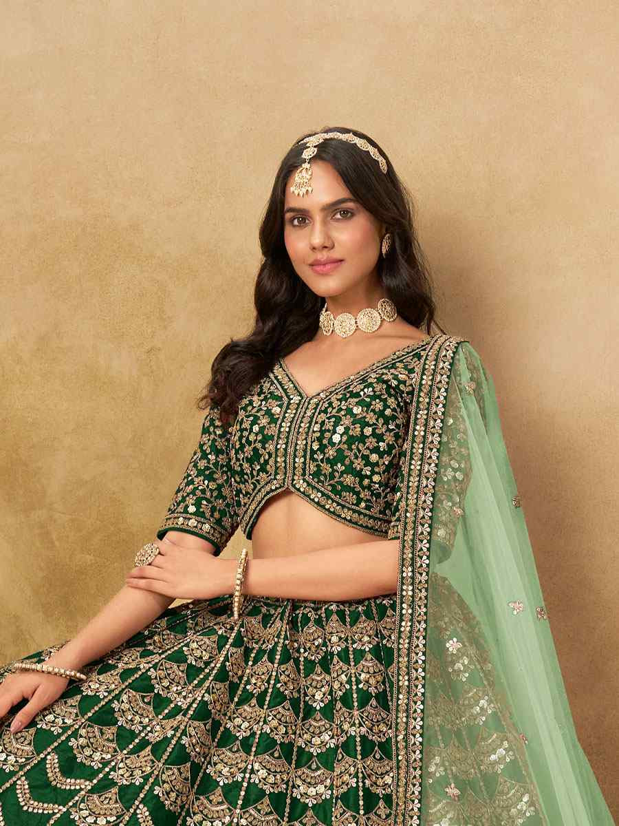 Green Art Silk Embroidered Wedding Reception Festival Heavy Border Lehenga Choli