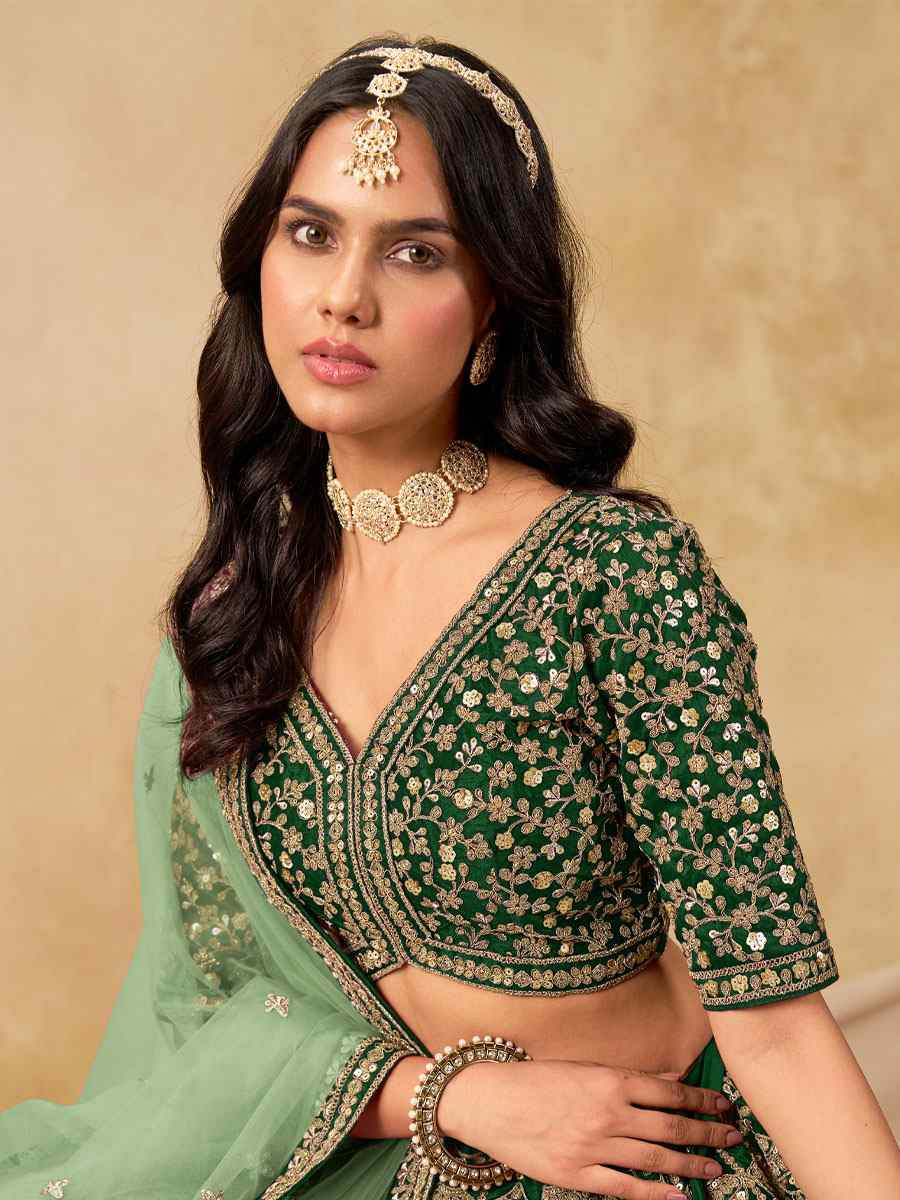 Green Art Silk Embroidered Wedding Reception Festival Heavy Border Lehenga Choli