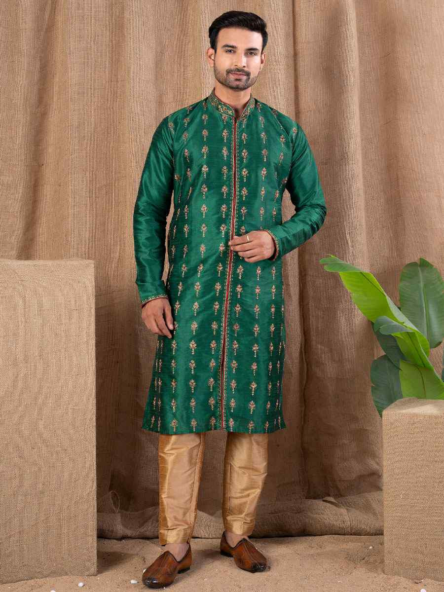 Green Art Silk Embroidery Festival Wedding Party Mens Kurta
