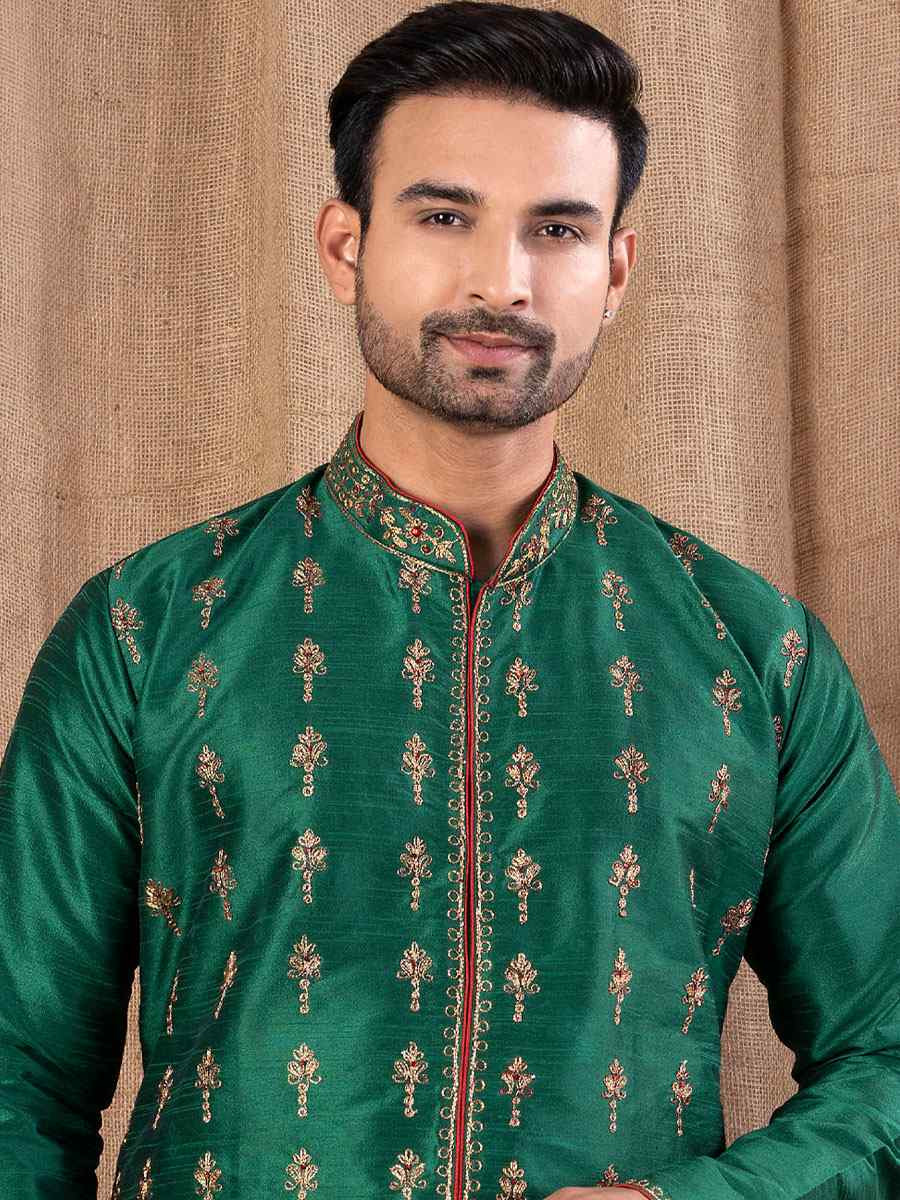 Green Art Silk Embroidery Festival Wedding Party Mens Kurta