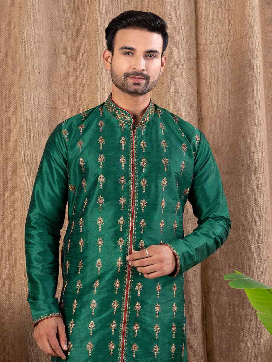 Green Art Silk Embroidery Festival Wedding Party Mens Kurta