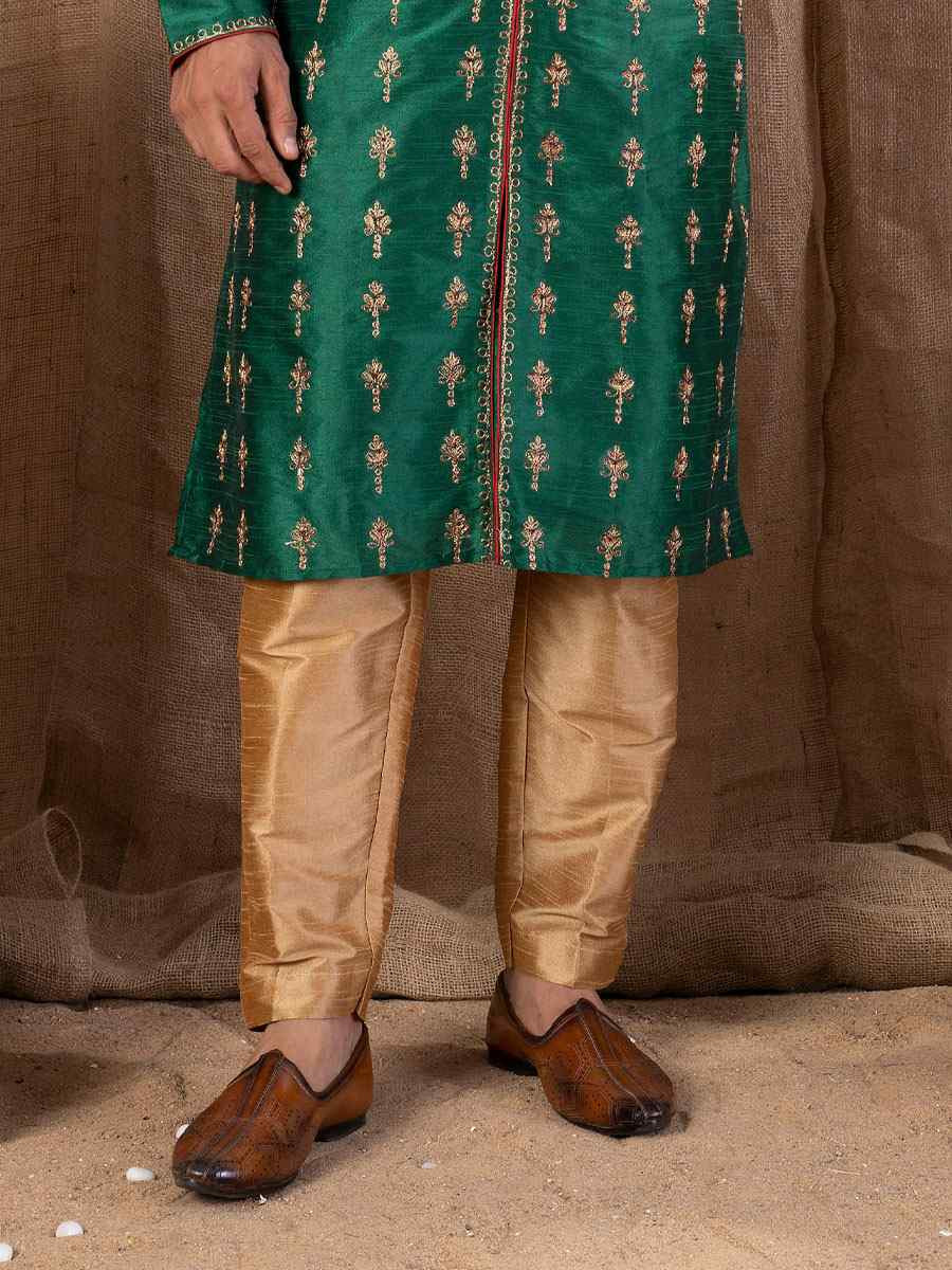 Green Art Silk Embroidery Festival Wedding Party Mens Kurta