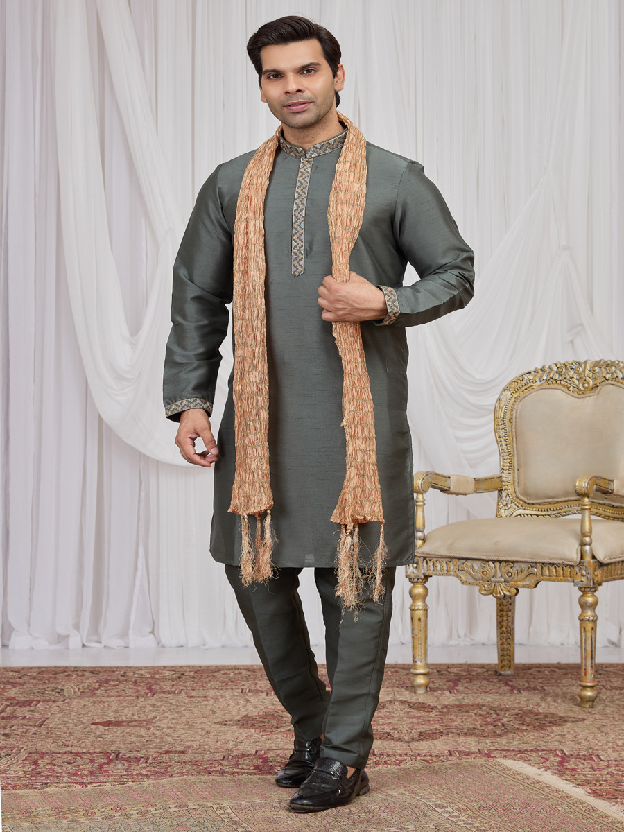 Green Art Silk Embroidery Wedding Party Festival Ready Mens Kurta