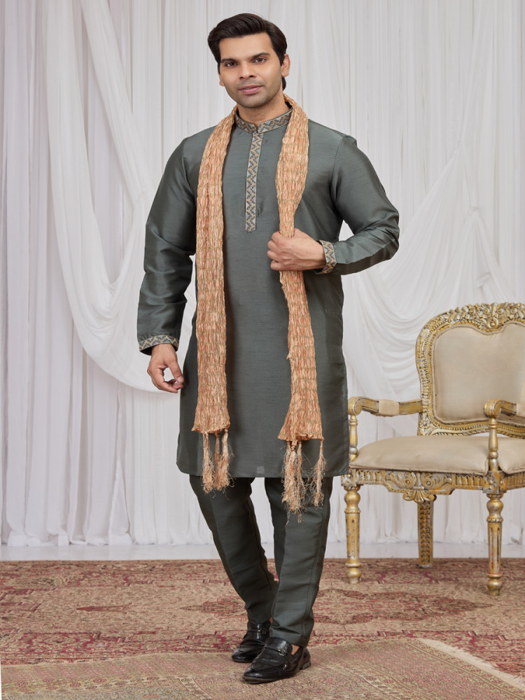 Image of Green Art Silk Embroidery Wedding Party Festival Ready Mens Kurta