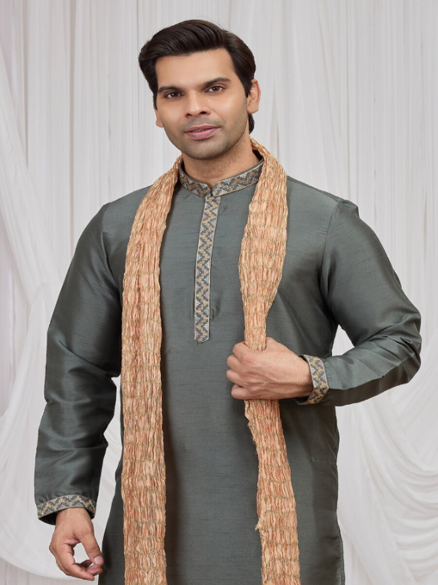 Green Art Silk Embroidery Wedding Party Festival Ready Mens Kurta