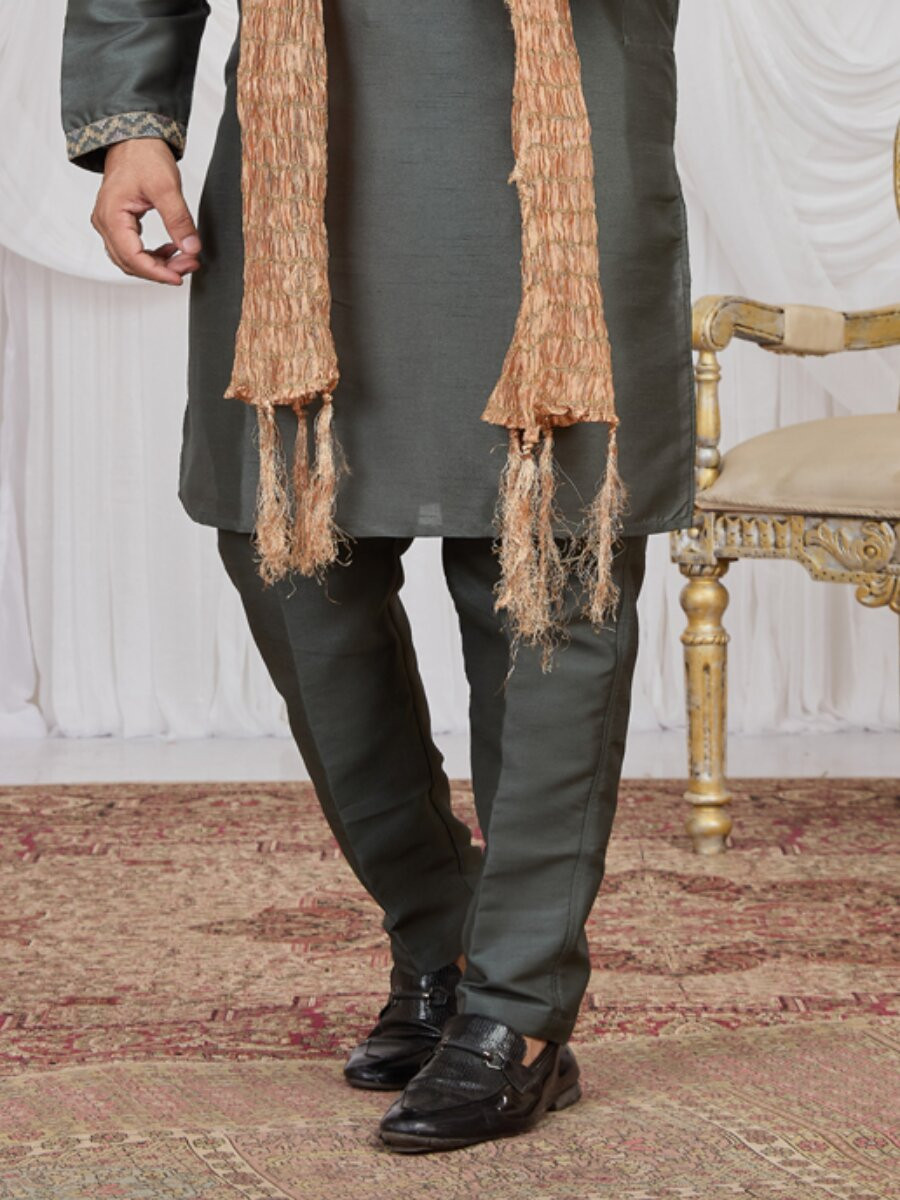 Green Art Silk Embroidery Wedding Party Festival Ready Mens Kurta