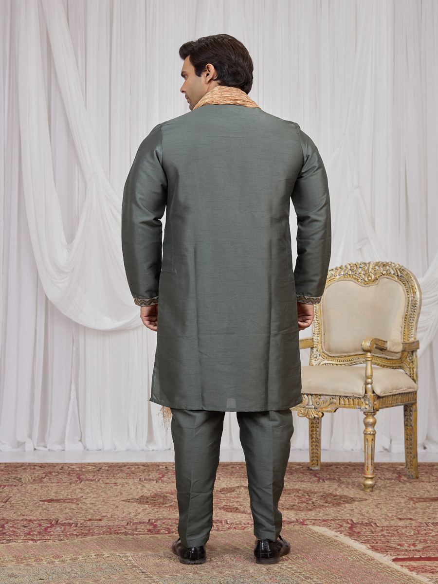 Green Art Silk Embroidery Wedding Party Festival Ready Mens Kurta