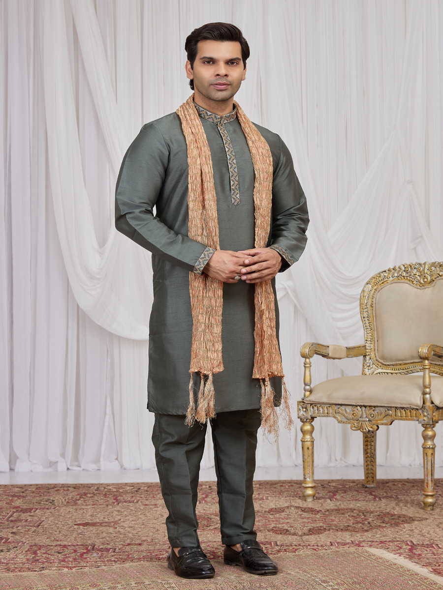 Green Art Silk Embroidery Wedding Party Festival Ready Mens Kurta