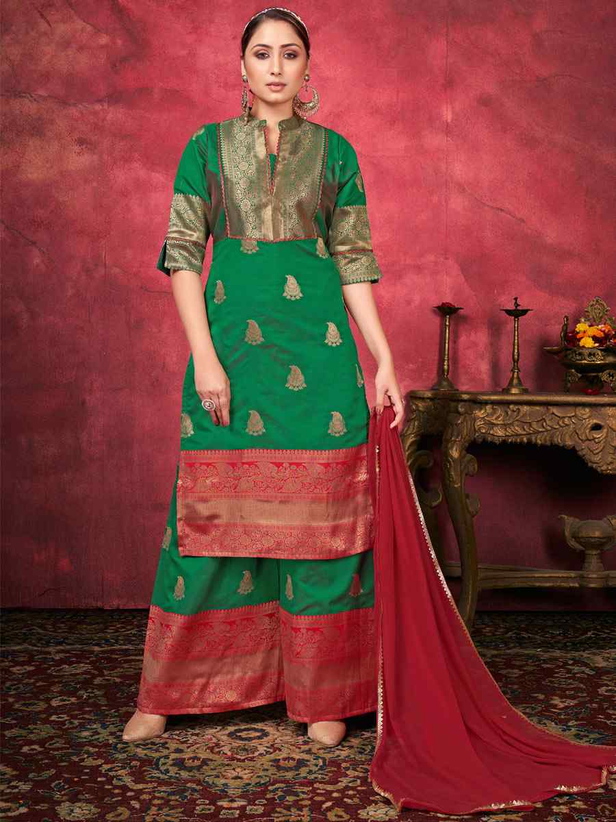 Green Art Silk Handwoven Festival Palazzo Pant Salwar Kameez