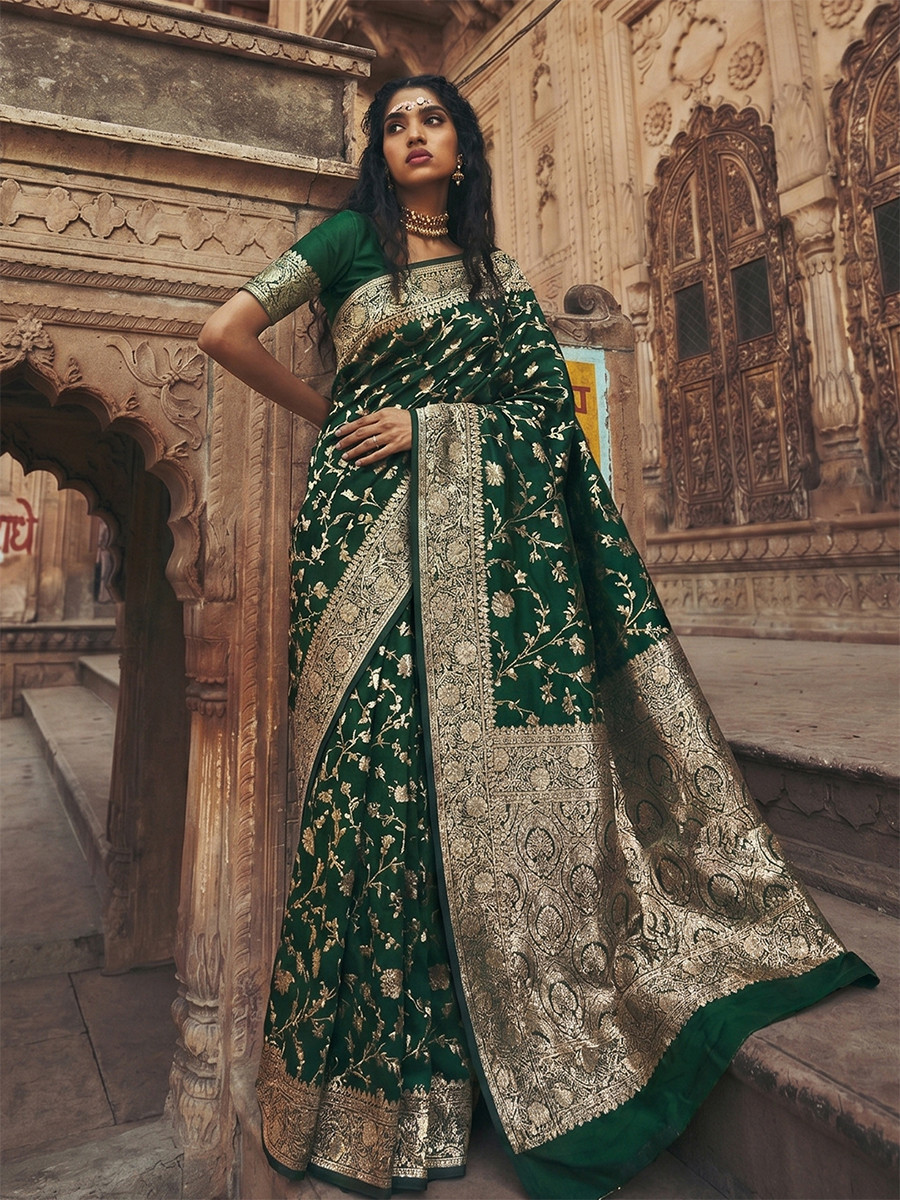Green Art Silk Jacquard Wedding Reception Party Festival Casual Heavy Border Sarees